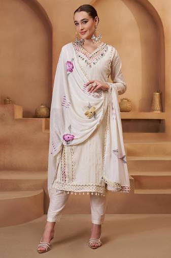 Off white pure bombay cotton semi stitched mirror & thread work suits