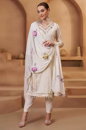 Off white pure bombay cotton semi stitched mirror & thread work suits