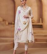 Off white pure bombay cotton semi stitched mirror & thread work suits