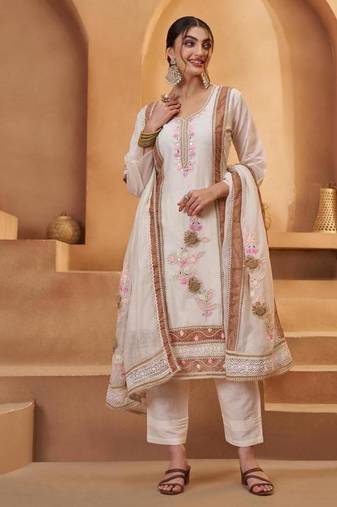 Off white pure bombay cotton semi stitched mirror & thread work suits