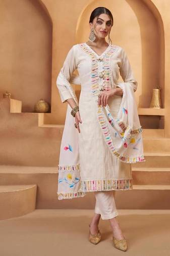 Off white cotton mirror & thread work suits
