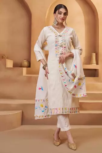 Off white cotton mirror & thread work suits