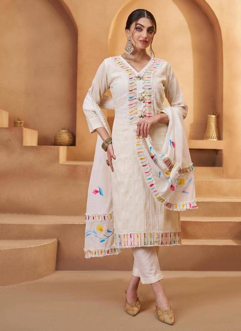 Off white cotton mirror & thread work suits