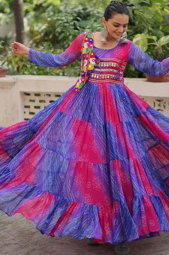 Lehariya bhandhej Print Navratri Garba Gown full stitch free size