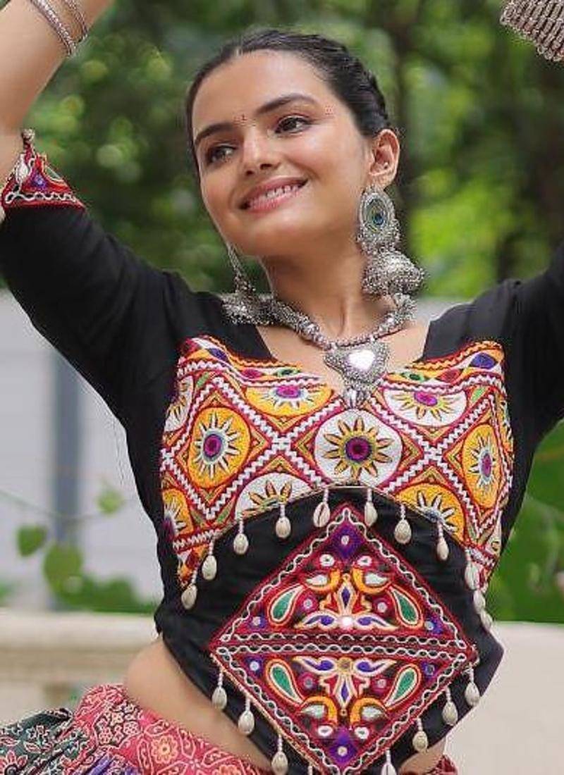 Multi Cotton Print Flared Lehenga With Rayon Kutchi Work Blouse