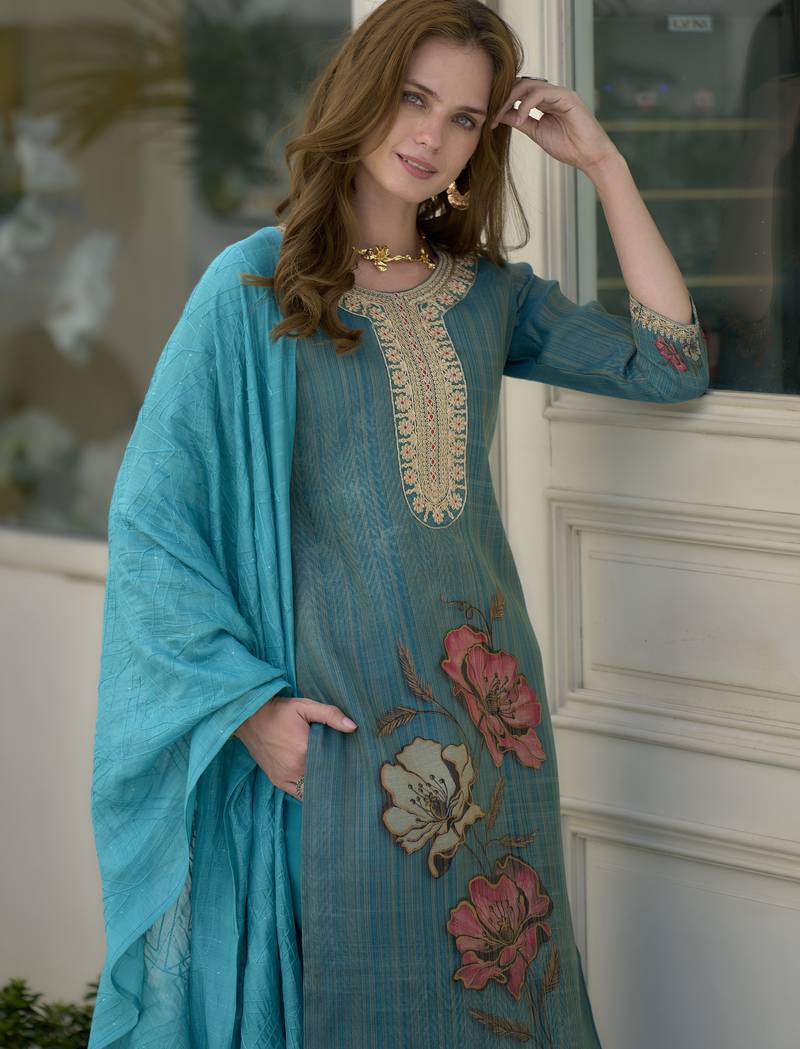 Tissue with floral print and embroidery party wear kurti set