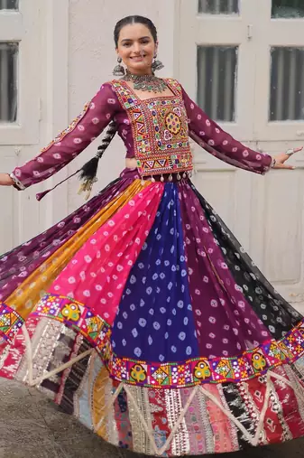 Multi Kutchi Gamthi  Work Blouse With Georgette gamthi embellished  Flared Lehenga