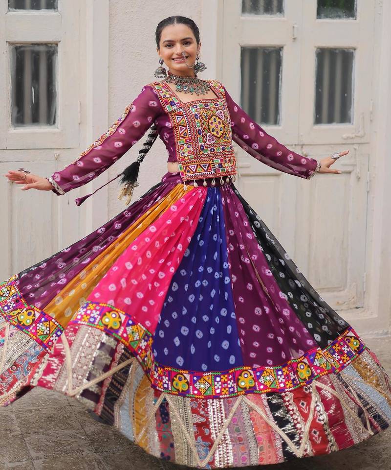 Multi Kutchi Gamthi  Work Blouse With Georgette gamthi embellished  Flared Lehenga