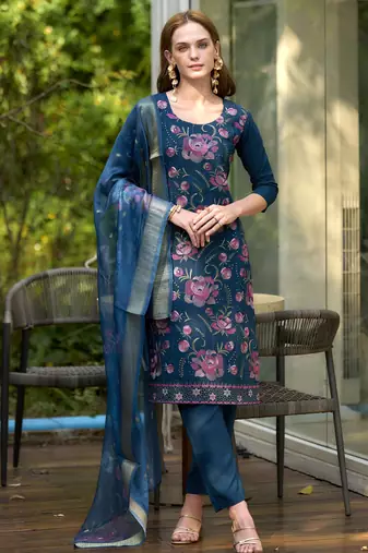 Rayon kurta with bottom organza butti dupatta