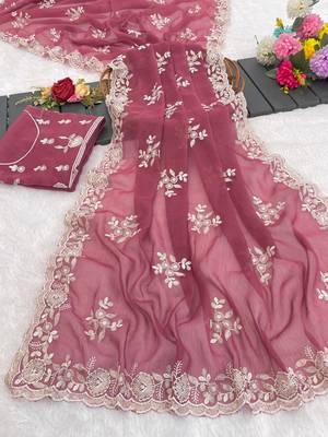 onion pink shimmer silk blend sequin embroidered saree with blouse 1