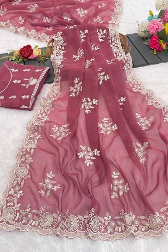 onion pink shimmer silk blend sequin embroidered saree with blouse
