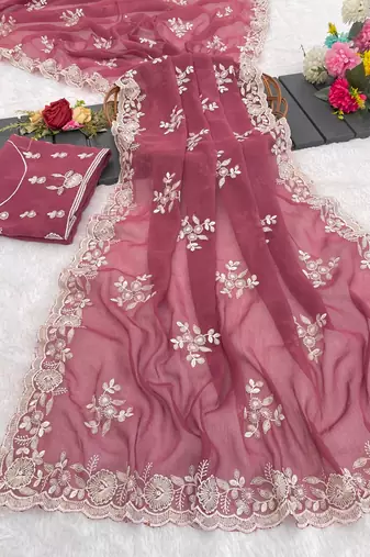 onion pink shimmer silk blend sequin embroidered saree with blouse