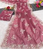 onion pink shimmer silk blend sequin embroidered saree with blouse