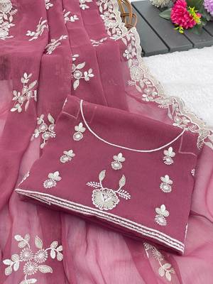 onion pink shimmer silk blend sequin embroidered saree with blouse 2