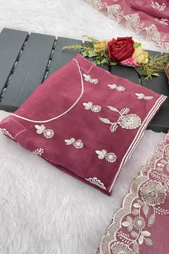 onion pink shimmer silk blend sequin embroidered saree with blouse