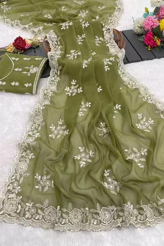 green shimmer silk blend sequin embroidered saree with blouse