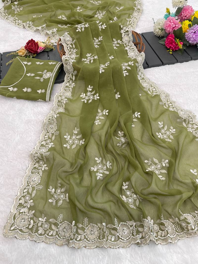 green shimmer silk blend sequin embroidered saree with blouse