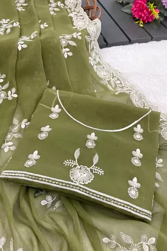 green shimmer silk blend sequin embroidered saree with blouse