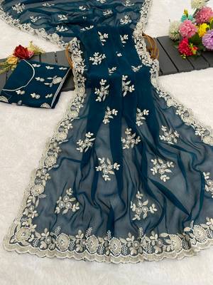 teal shimmer silk blend sequin embroidered saree with blouse 1