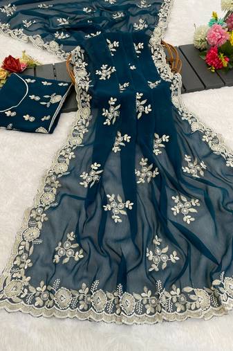 teal shimmer silk blend sequin embroidered saree with blouse