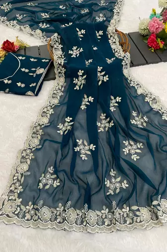 teal shimmer silk blend sequin embroidered saree with blouse