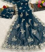 teal shimmer silk blend sequin embroidered saree with blouse