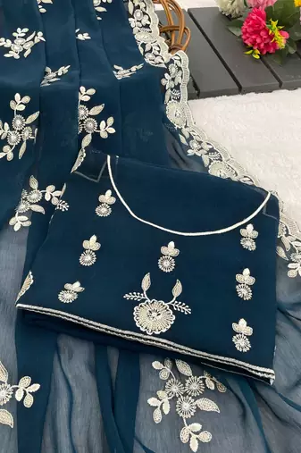 teal shimmer silk blend sequin embroidered saree with blouse