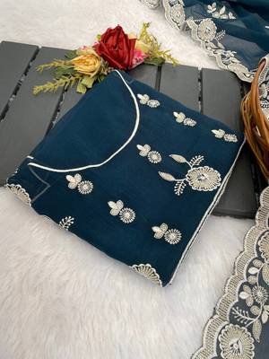 teal shimmer silk blend sequin embroidered saree with blouse 3