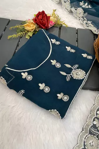 teal shimmer silk blend sequin embroidered saree with blouse