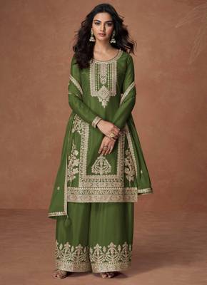Green embroidery, zari & sequins work chinnon silk straight palazzo suit - free size stitching (size upto 42") 1