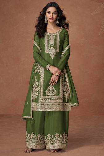 Green embroidery, zari & sequins work chinnon silk straight palazzo suit - free size stitching (size upto 42")