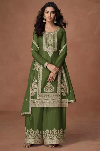 Green embroidery, zari & sequins work chinnon silk straight palazzo suit - free size stitching (size upto 42")
