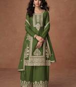 Green embroidery, zari & sequins work chinnon silk straight palazzo suit - free size stitching (size upto 42")