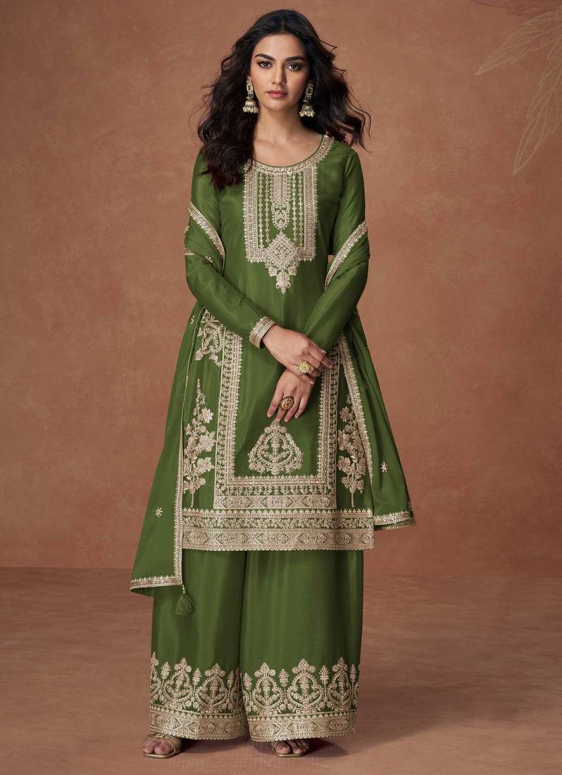 Green embroidery, zari & sequins work chinnon silk straight palazzo suit - free size stitching (size upto 42")