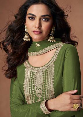 Green embroidery, zari & sequins work chinnon silk straight palazzo suit - free size stitching (size upto 42") 2