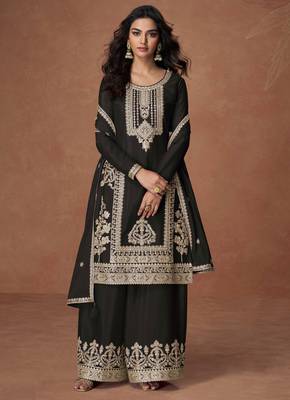 Black embroidery, zari & sequins work chinnon silk straight palazzo suit - free size stitching (size upto 42") 1