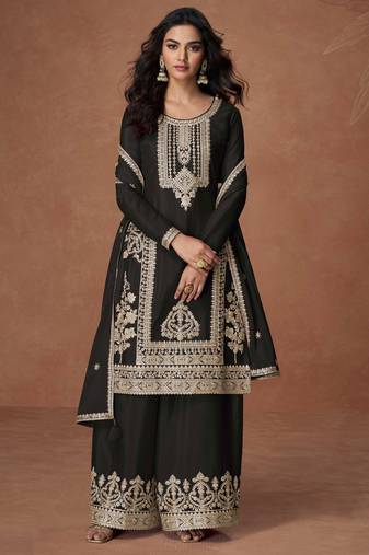 Black embroidery, zari & sequins work chinnon silk straight palazzo suit - free size stitching (size upto 42")