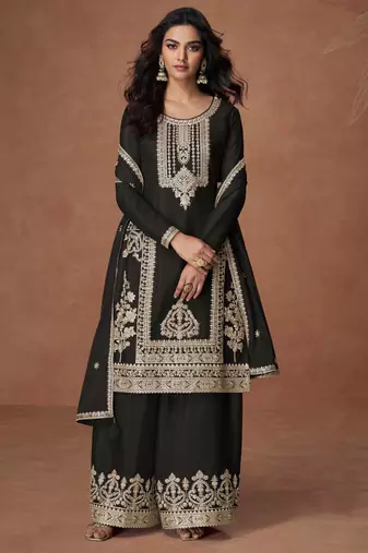 Black embroidery, zari & sequins work chinnon silk straight palazzo suit - free size stitching (size upto 42")