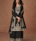 Black embroidery, zari & sequins work chinnon silk straight palazzo suit - free size stitching (size upto 42")