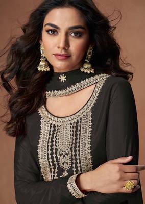 Black embroidery, zari & sequins work chinnon silk straight palazzo suit - free size stitching (size upto 42") 2