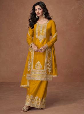 Mustard embroidery, zari & sequins work chinnon silk straight palazzo suit - free size stitching (size upto 42") 1