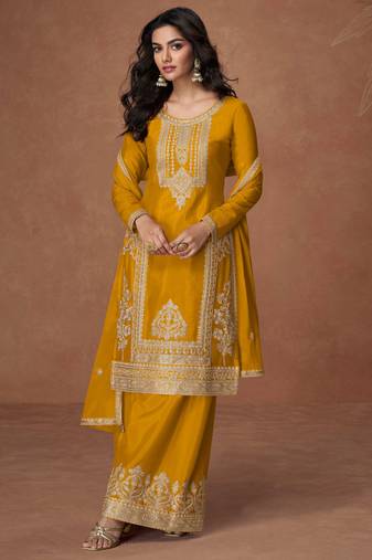 Mustard embroidery, zari & sequins work chinnon silk straight palazzo suit - free size stitching (size upto 42")