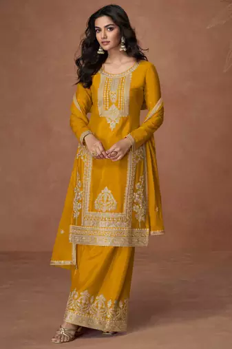 Mustard embroidery, zari & sequins work chinnon silk straight palazzo suit - free size stitching (size upto 42")