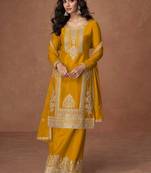 Mustard embroidery, zari & sequins work chinnon silk straight palazzo suit - free size stitching (size upto 42")