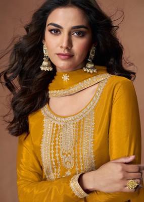 Mustard embroidery, zari & sequins work chinnon silk straight palazzo suit - free size stitching (size upto 42") 2
