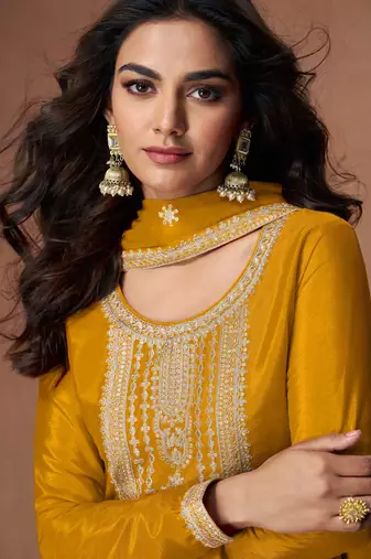 Mustard embroidery, zari & sequins work chinnon silk straight palazzo suit - free size stitching (size upto 42")