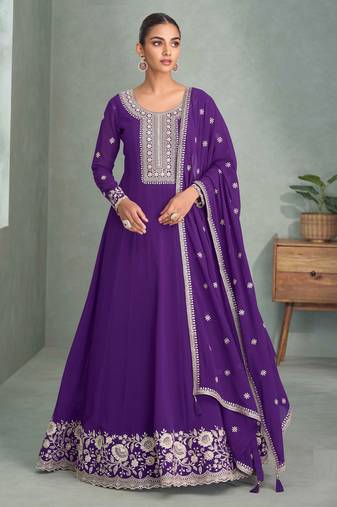 Purple thread embroidery & sequins work georgette anarkali suit - free size stitching (size upto 42")