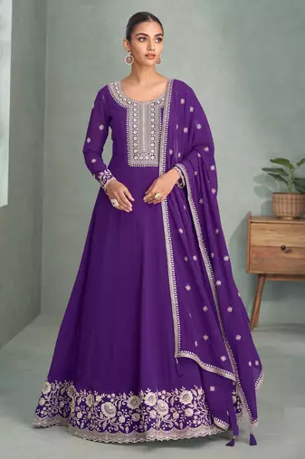 Purple thread embroidery & sequins work georgette anarkali suit - free size stitching (size upto 42")