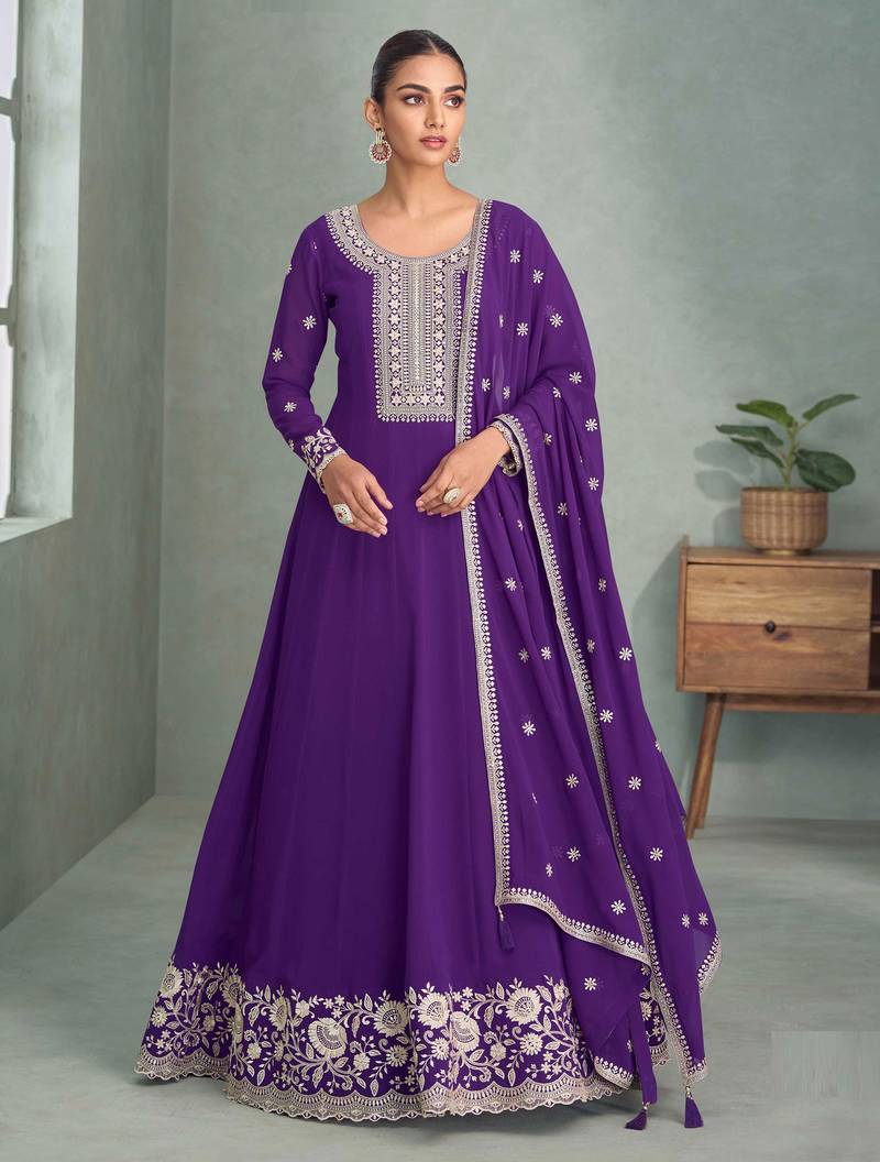 Purple thread embroidery & sequins work georgette anarkali suit - free size stitching (size upto 42")