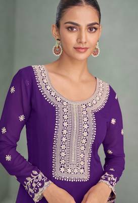 Purple thread embroidery & sequins work georgette anarkali suit - free size stitching (size upto 42") 2